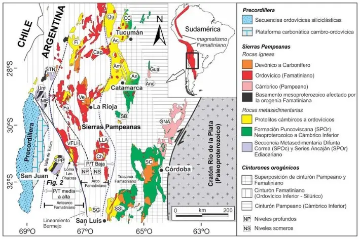 Ubicación de Sierras Pampeanas; provincia geológica argentina en donde se desarrollan extensos campos pegmatíticos. Tomado de Rapela et al (2016).