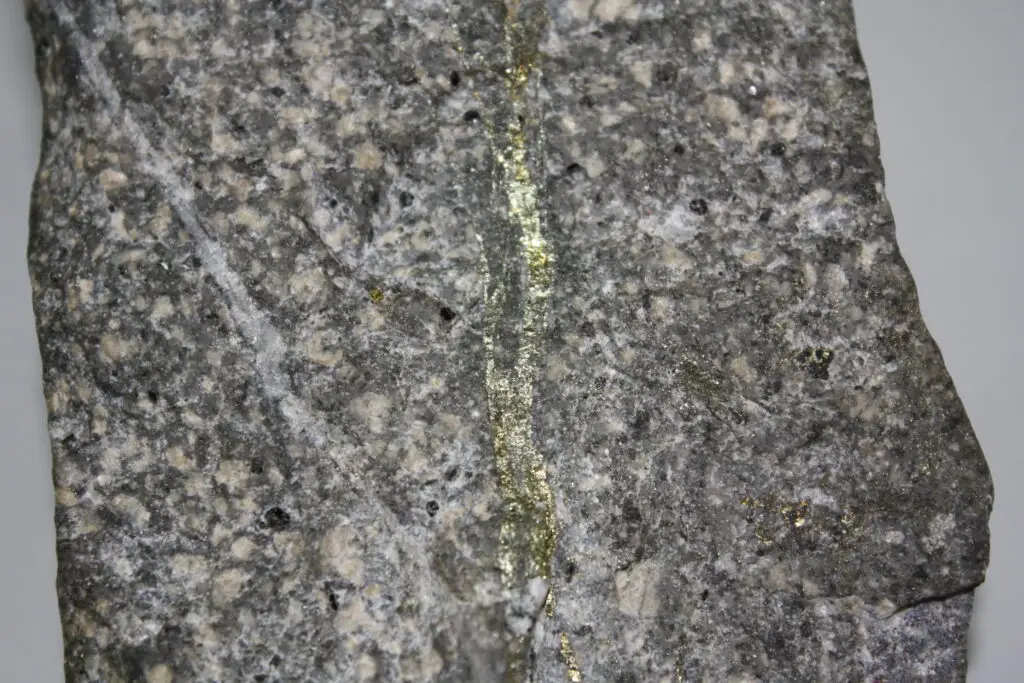 Venillas de pirita y calcopirita en pórfido de cobre. Cátedra de Yacimientos, UBA.