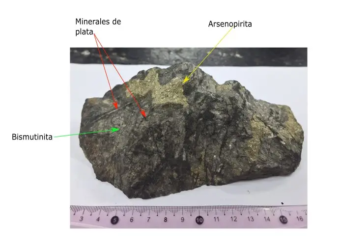 Muestra de IRGS con arsenopirita, bismutinita y minerales de plata. La presencia de plata indica que la mineralización se formó de manera distal del plutón.