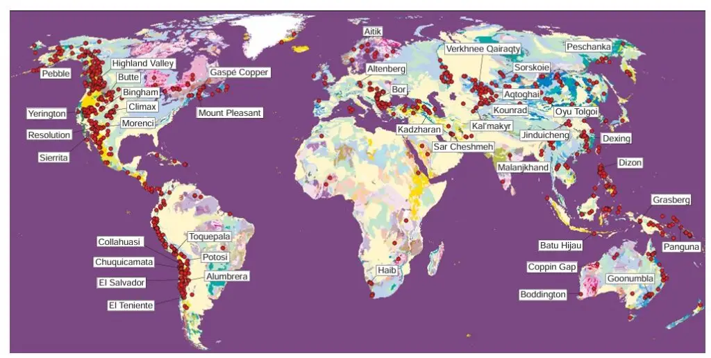 Ubicación de los principales depósitos de pórfidos a nivel mundial. Tomado de Sinclair, 2007.